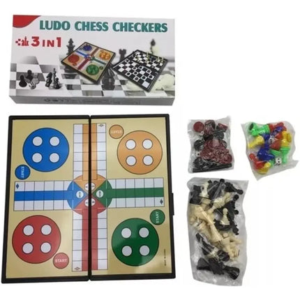 Juego De Mesa Magnético 3 En 1 Ludo Damas Ajedrez 24cms