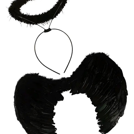 Alas Ángel Plumas Cosplay Disfraz Negro 50x36cms + Aureola