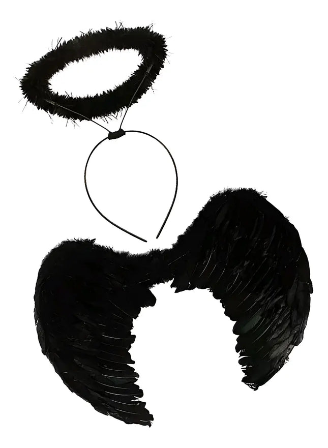 Alas Ángel Plumas Cosplay Disfraz Negro 50x36cms + Aureola