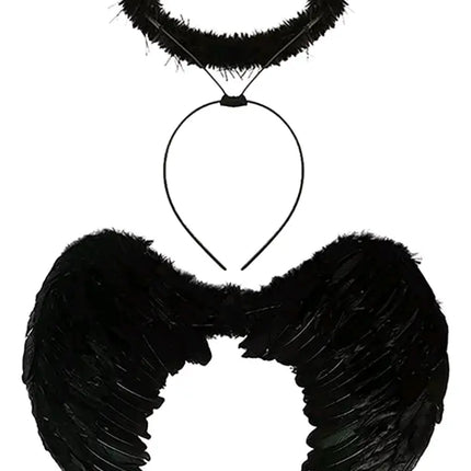 Alas Ángel Plumas Cosplay Disfraz Negro 50x36cms + Aureola