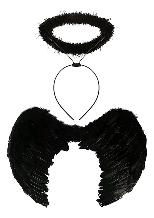 Alas Ángel Plumas Cosplay Disfraz Negro 50x36cms + Aureola