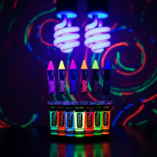 2 Ampolleta Uv Ultravioleta + 8 Pintura Flúor + 6 Crayones Negra