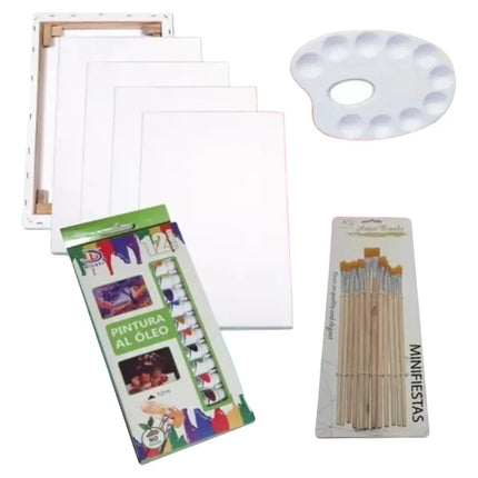 Pack 4 Bastidores + 12 Pinturas Oleo + 12 Pinceles + Paleta