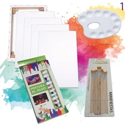 Pack 4 Bastidores + 12 Pinturas Oleo + 12 Pinceles + Paleta