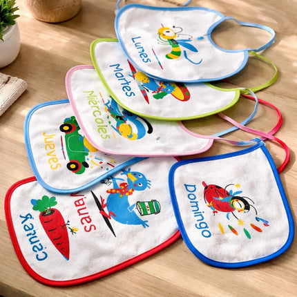 Pack 7 Hermosos Baberos Bebé 100% Impermeables Días Semana