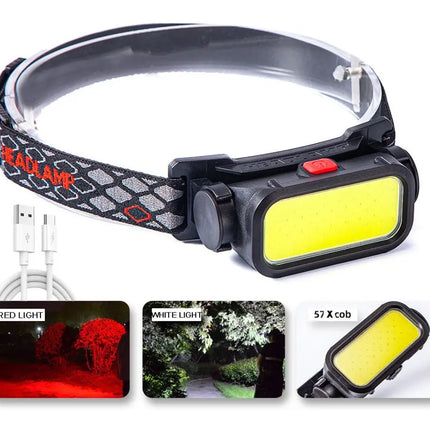 Linterna Minero Cabeza Led Cob Recargable Usb- C + Led Rojo