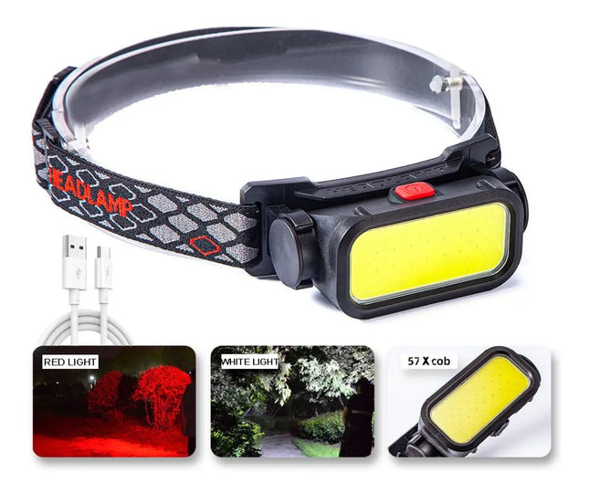 Linterna Minero Cabeza Led Cob Recargable Usb- C + Led Rojo