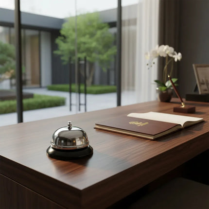 Campanilla Recepción, Timbra Caja, Restaurant, Hotel, Mesón Plateado y Negro