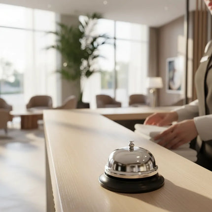 Campanilla Recepción, Timbra Caja, Restaurant, Hotel, Mesón Plateado y Negro