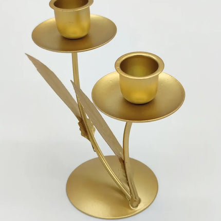 Porta Vela O Candelabro, Doble, Diseño Hojas Dorado