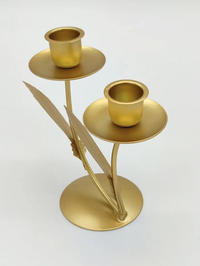 Porta Vela O Candelabro, Doble, Diseño Hojas Dorado
