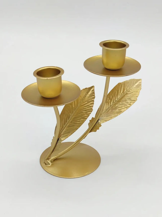 Porta Vela O Candelabro, Doble, Diseño Hojas Dorado