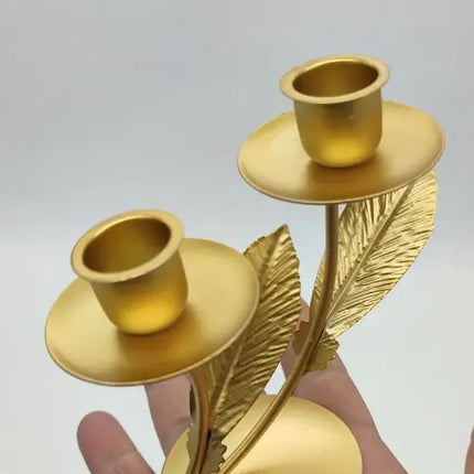 Porta Vela O Candelabro, Doble, Diseño Hojas Dorado