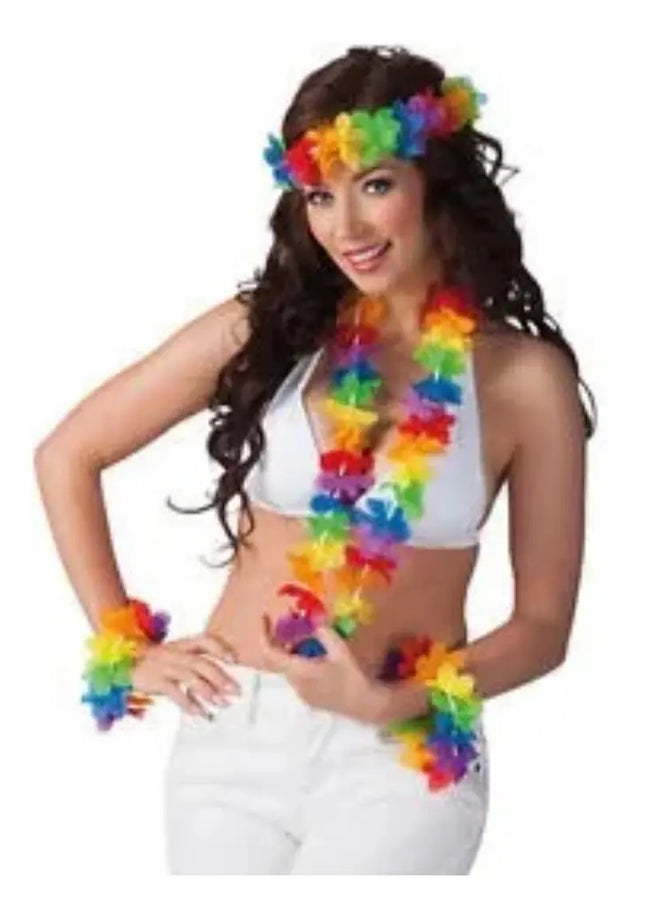 Pack Hawaiano Flúor Fiestas Neón Collar + Cintillo + Pulsera