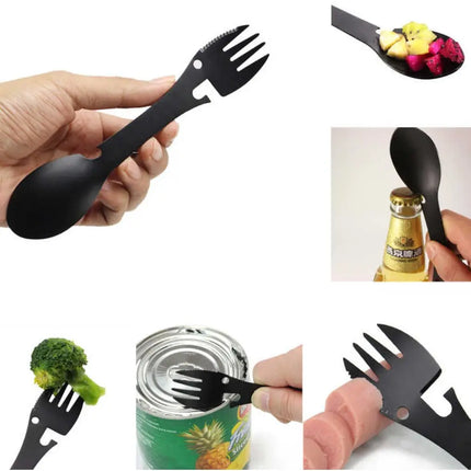 Cubierto Táctico Cuchara Tenedor Cuchillo Abrelatas 5 En 1 Negro