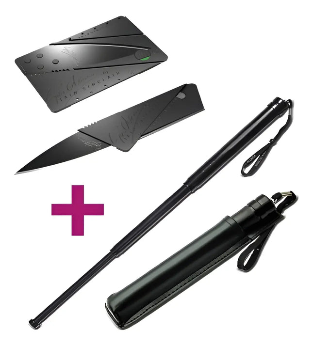 Pack Bastón Defensa Personal + Cuchillo Tarjeta Plegable