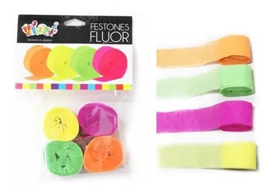 Pack 4 Unid Papel Festón Fluor Decoración De Fiesta Uv 10mts