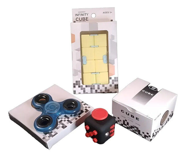 Pack Antiestrés 1 Fidget Cube + 1 Spinner + 1 Infinity Cube Azul