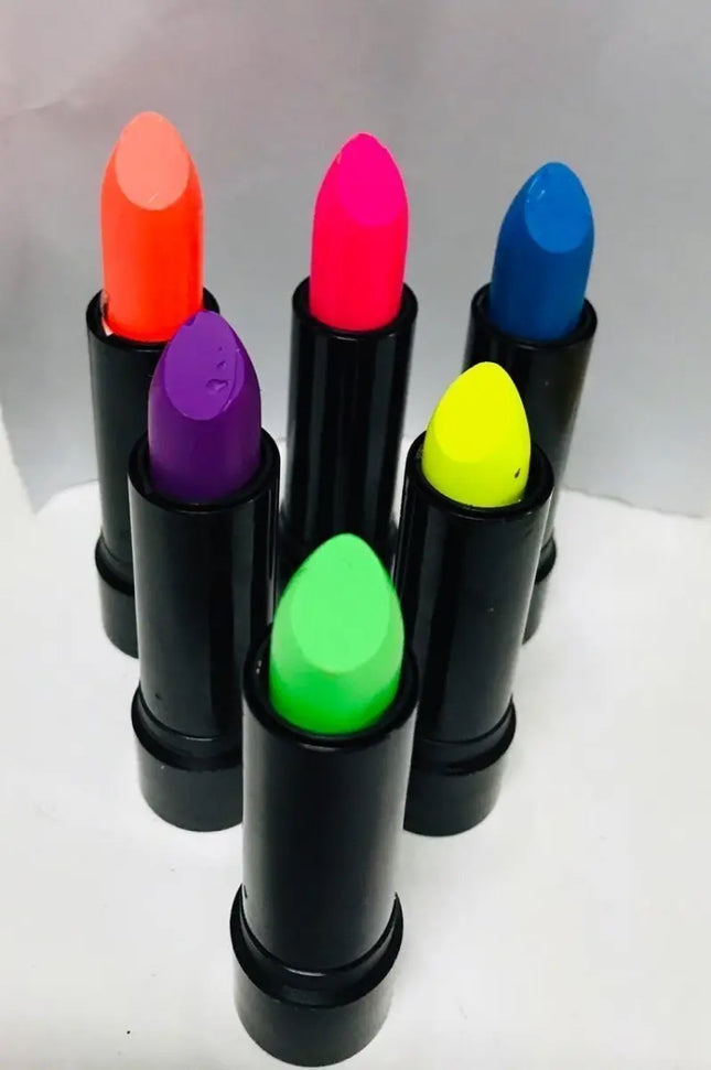 6 X Lápiz Labial Colores Flúor Glow Uv, Fiesta Neón Labiales Negro