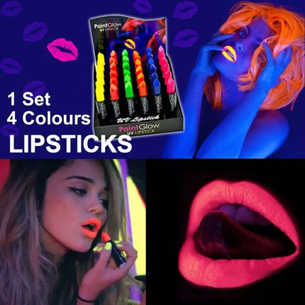 6 X Lápiz Labial Colores Flúor Glow Uv, Fiesta Neón Labiales Negro