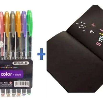 Pack 12 Lápices Gel Metalizado + Libreta Grande Hoja Negra Negro 40 hojas