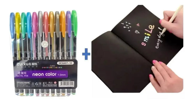 Pack 12 Lápices Gel Metalizado + Libreta Grande Hoja Negra Negro 40 hojas