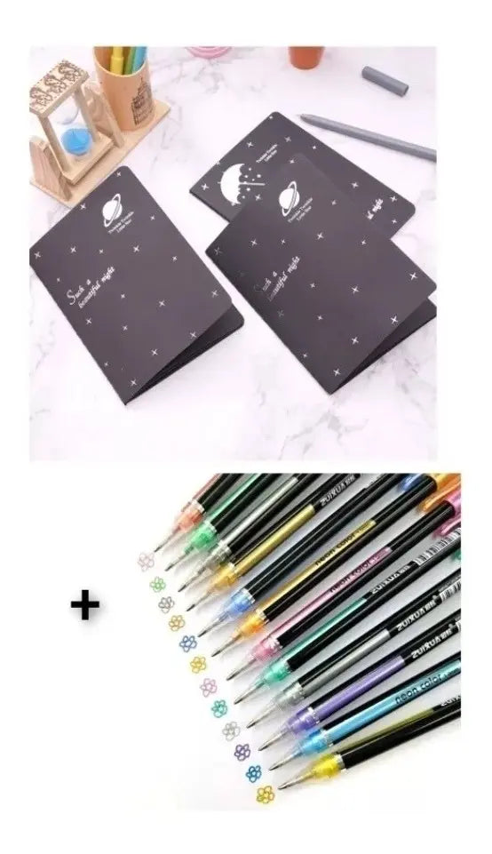 Pack 12 Lápices Gel Metalizado + Libreta Grande Hoja Negra Negro 40 hojas