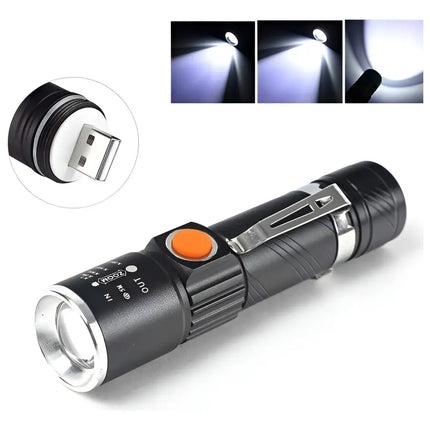 Linterna Led Zoom Cree 3000 Lumenes Recargable Usb Negra