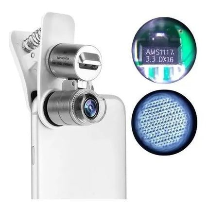 Lupa 60x Microscopio Con Clip Para Celular + Led + Luz Uv Plateado y blanco