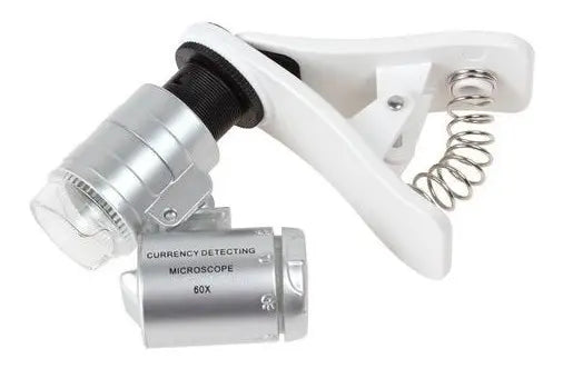 Lupa 60x Microscopio Con Clip Para Celular + Led + Luz Uv Plateado y blanco