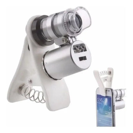 Lupa 60x Microscopio Con Clip Para Celular + Led + Luz Uv Plateado y blanco