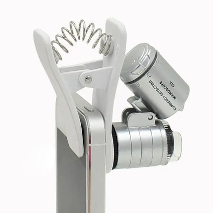 Lupa 60x Microscopio Con Clip Para Celular + Led + Luz Uv Plateado y blanco