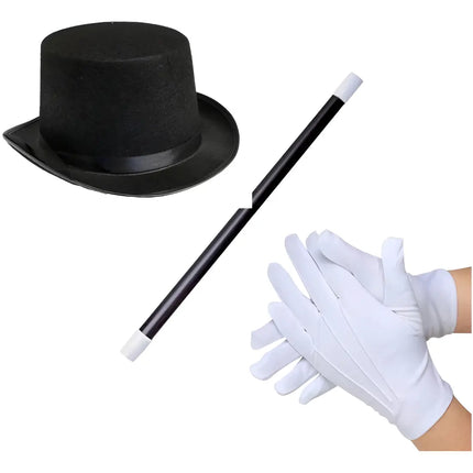 Sombrero Mago + Varita Mágica + Guantes Adulto Sombrero Copa Negro