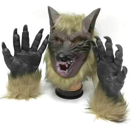 Mascara Hombre Lobo Halloween Cosplay Disfraz + Guantes Eco Marrón claro