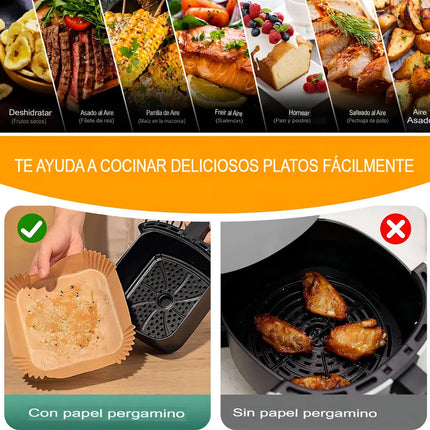 Papel Pergamino 20cm Para Air Fryer Cuadrado 100 Piezas Marrón Claro