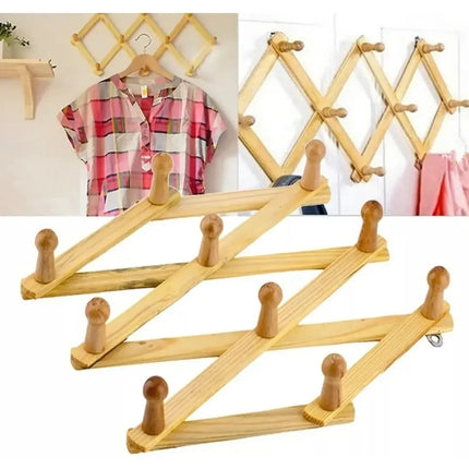 Perchero Madera Acordeón Plegable 10 Ganchos Ajustable Pared
