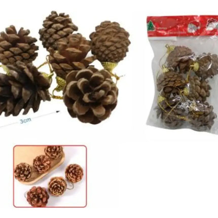 Pack 6 Piña Seca Cono Pino Adorno Colgante Árbol Navidad Marrón / Piña de Navidad