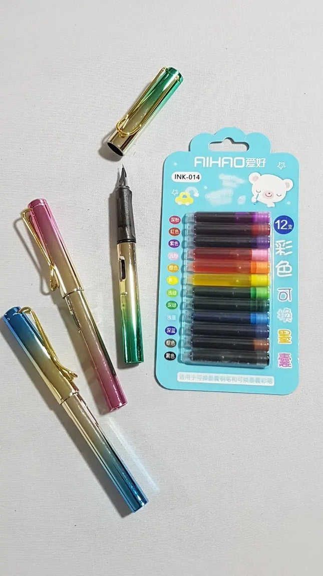3 X Pluma Fuente Estilográfica + 12 Repuestos Tinta Colores Colores surtidos