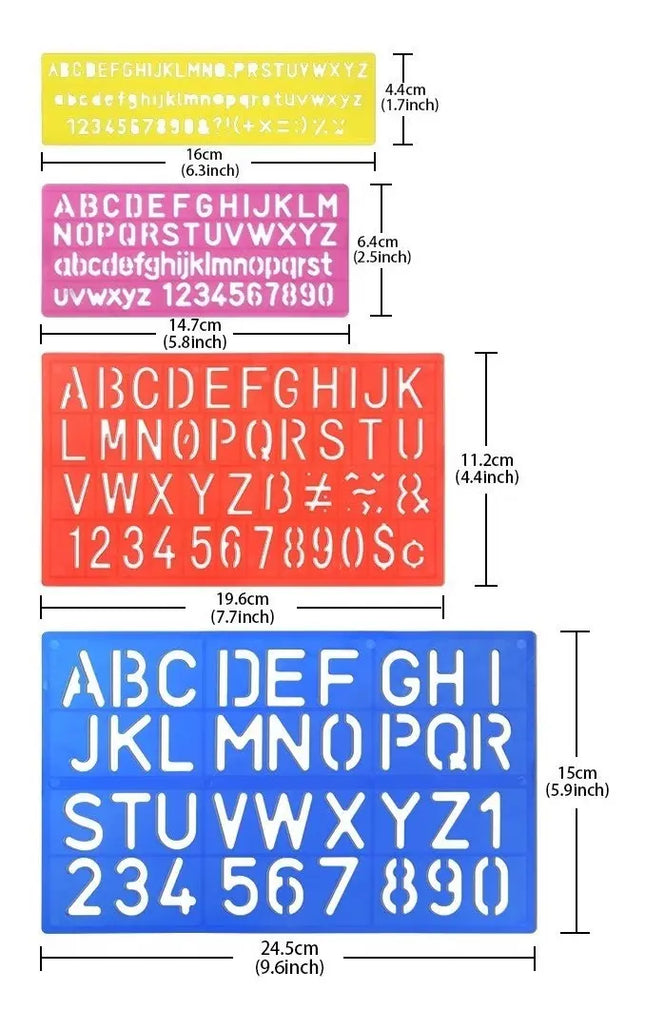 Pack 4 Reglas Plantilla Números Y Letras Tamaños Surtidos