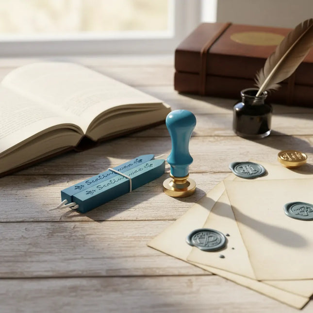 Kit Sello Para Lacre Cera Timbre Cartas Regalo Vintage Azul