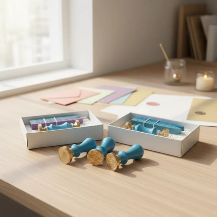Kit Sello Para Lacre Cera Timbre Cartas Regalo Vintage Azul