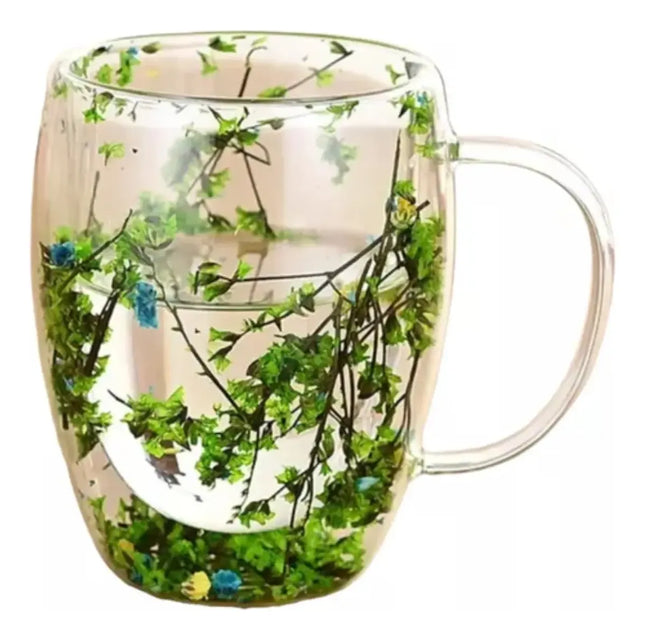 Taza De Vidrio Tazón Doble Pared Con Flor Seca Color #3 Transparente / Taza Doble Fondo Frio Caliente