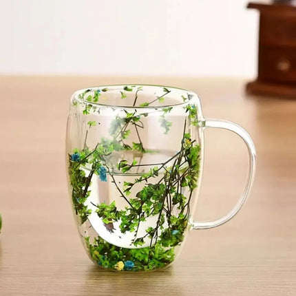 Taza De Vidrio Tazón Doble Pared Con Flor Seca Color #3 Transparente / Taza Doble Fondo Frio Caliente
