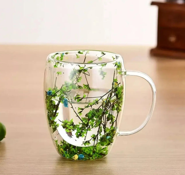 Taza De Vidrio Tazón Doble Pared Con Flor Seca Color #3 Transparente / Taza Doble Fondo Frio Caliente