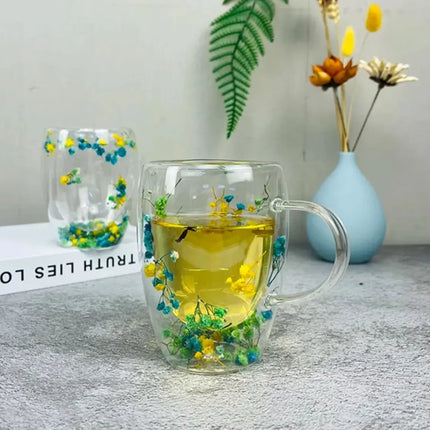 Taza De Vidrio Tazón Doble Pared Con Flor Seca Color #3 Transparente / Taza Doble Fondo Frio Caliente