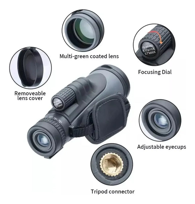 Telescopio Monocular Profesional Full Hd 10-30x 50 Prismatic Negro