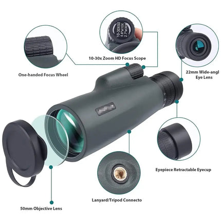 Telescopio Monocular Profesional Full Hd 10-30x 50 Prismatic Negro