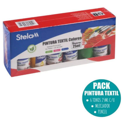Set 6 Pinturas Textil Ropa, 25ml + Pincel + Mezclador
