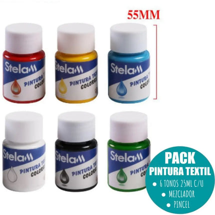 Set 6 Pinturas Textil Ropa, 25ml + Pincel + Mezclador