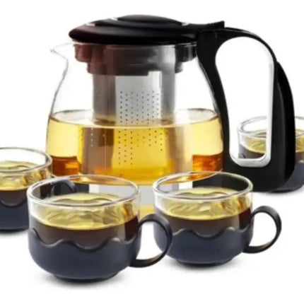 Sets Tetera De Vidrio Infusión Té Con Filtro Acero + 4 Tazas Negro